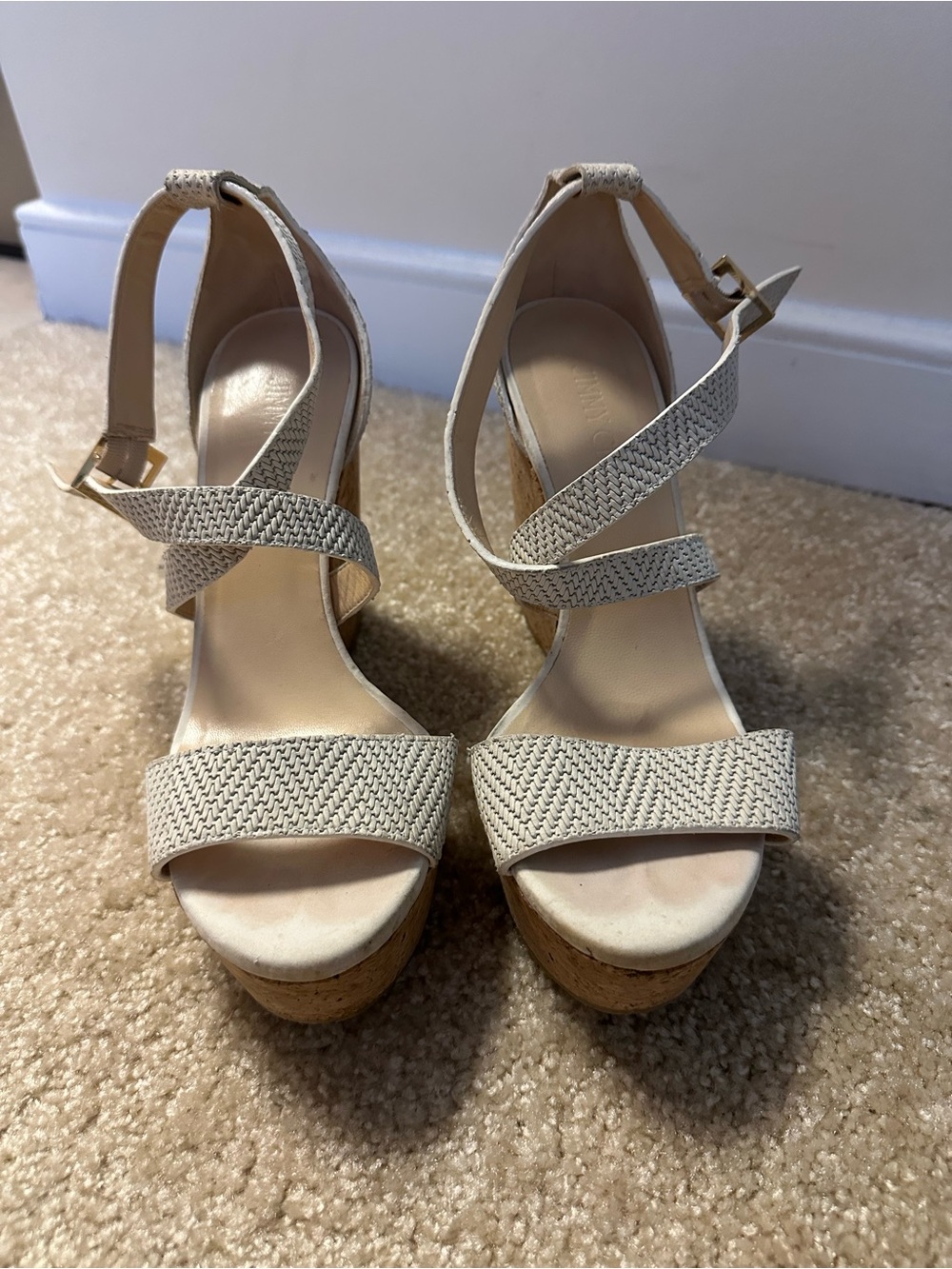 Women's Jimmy Choo Cream Woven Platform Sandals with Cork Heel